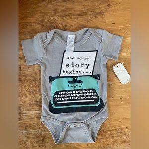 “And So My Story Begins” Gray Onsie/Diaper Shirt with snaps Sz 0-6 mo unisex NWT